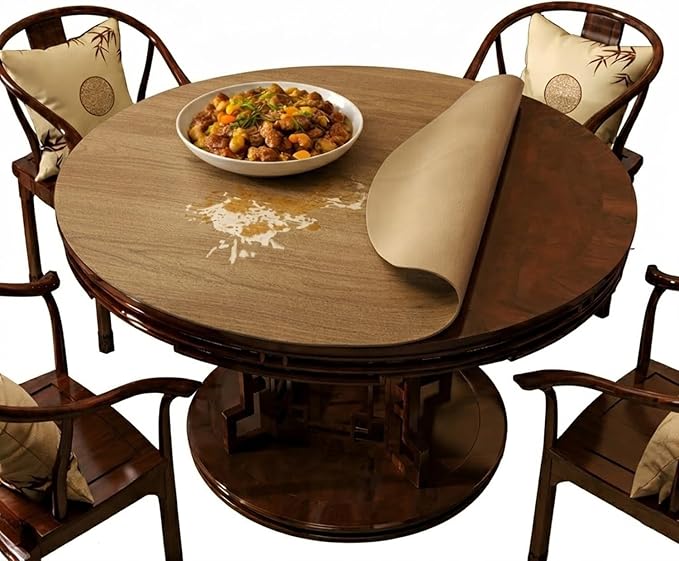 Wood Grain Round Table Protector 48/52/42/54/36 inch, Waterproof PU Leather Table Mat, Heat Resistant Circular Dining Table Pad for Kitchen, Coffee Table, Office Desk,(Khaki,51in)