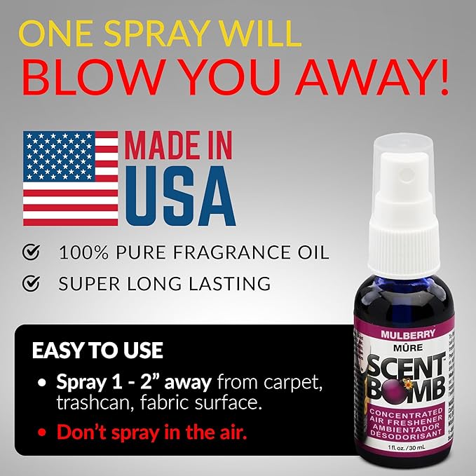 Scent Bomb Air Freshener Spray, Long-Lasting Odor Eliminator - Effective Deodorizer for Home & Car, Fresh Room Spray for Kitchen, Bathroom & Smell Neutralizer - 1 oz Pack of 4, Mulberry Scent