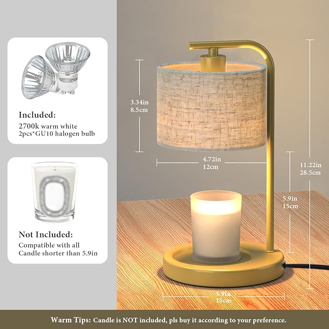 Gold Candle Warmer Lamp with Timer Dimmer, Electric Candle Warmer Wax Heater, Birthday Gifts for Women Her, Mom, House Warming Gifts New Home