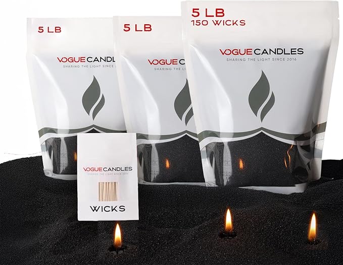 Vogue Candles Black Pearled Candle Sand Wax (5 LB) – Mother’s Day Candle with 150 Cotton Wicks for DIY Home Lighting – Plant-Based & Reusable Wax Granules Refill for Custom Vessels (3 Pack)