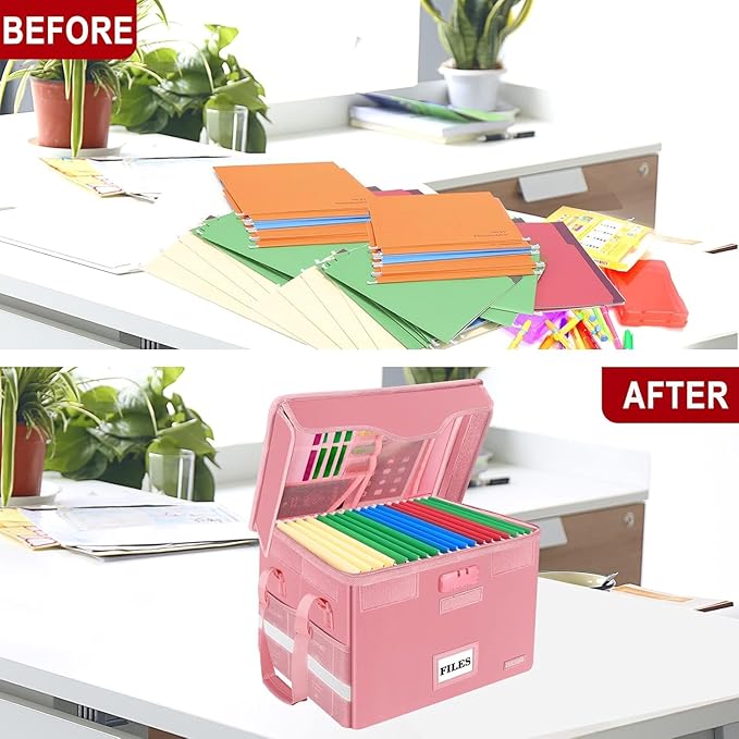 DocSafe Fireproof Document Box with Lock,File Storage Organizer with Zipper Pockets,Collapsible Portable File Box Home Office Safe Filing Cabinet with Handle for Hanging Letter/Legal Folder,Pink