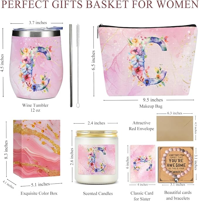Personalized Gifts Monogrammed Birthday Gifts for Women, Cowerker Bride Wife Sister Wedding Christmas Initial Wine Tumbler Makeup Bag Scented Candle Bracelet Set, (Aesthetic Pink Flower C)