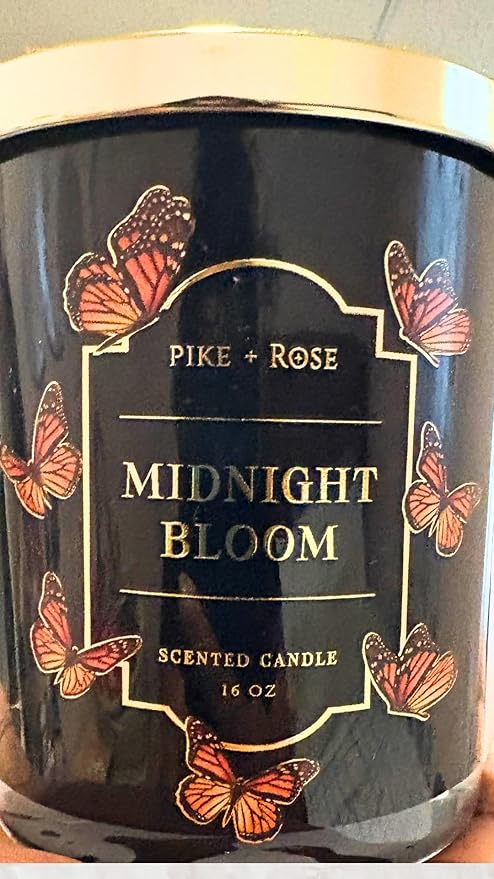 Pike + Rose Midnight Bloom Scented Soy Wax Candle, Black Glass Jar with Butterfly Design, 16 Oz