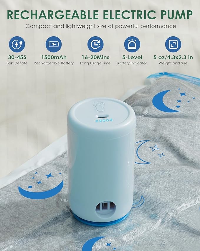 Vacuum Storage Bags with Electric Pump, 12 Pack Vacuum Sealed Bag with 1500mAh Rechargeable Battery for Clothes, Blanket, Duvets, Pillows, Comforters, Travel