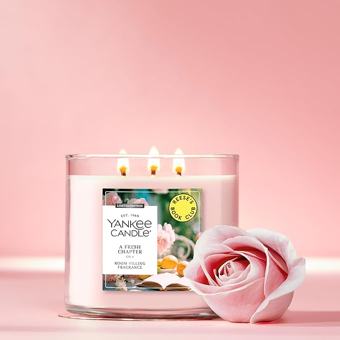 Yankee Candle x Reese’s Book Club, A Fresh Chapter, Spring Scented Candle, Bright Pomelo Scent, Blooming Rose Scent, 14.5oz 3-Wick Candle Jar with up to 40 Hours Burn Time, Giftable