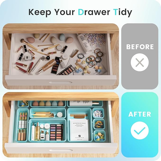 【𝟮𝟴𝗣𝗖𝗦】 【𝟱𝗦𝗶𝘇𝗲】 BlueGreen Drawer Organizer, Makeup organizer, 【Holds 177 Items】 Bathroom Organizers and Storage, Plastic Desk Organizer Divider, Organizer Bins for Office Vanity A-LUGEI