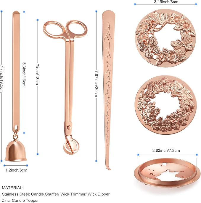 5 in 1 Candle Accessory Set Including Wick Trimmer、Candle Snuffer、Wick Dipper and Candle Toppers for Jar Candles to Burn Evenly for Candle Care Tools - Rose Gold