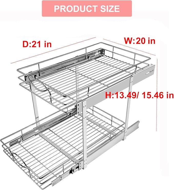 Sikarou Pull Out Cabinet Organizer 20" W x 21" D 2-Tier Individual Slide Out Drawer Pantry Shelf Storage for Kitchen Base Cabinet Organization for Kitchen, Bathroom, Pantry, Chrome
