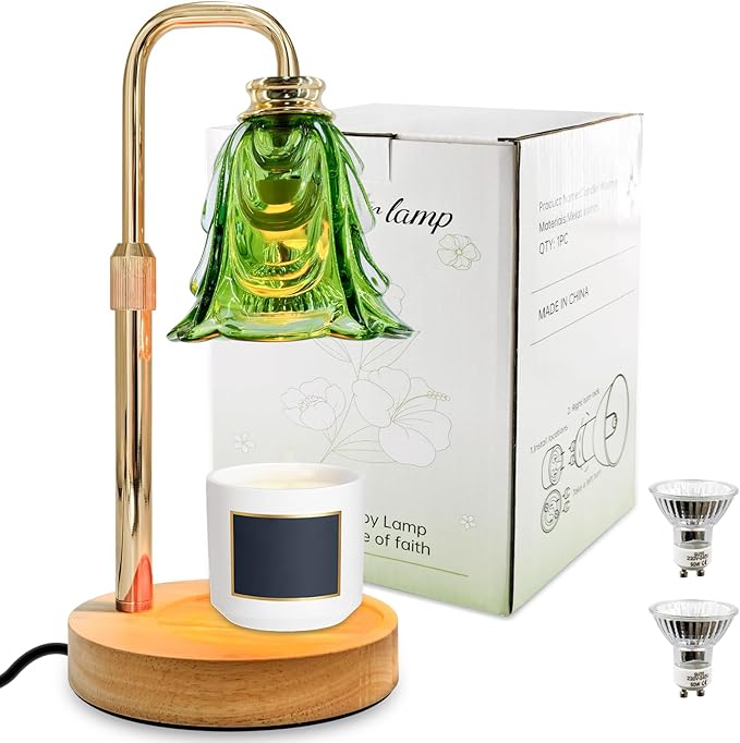 Candle Warmer Lamp with Timer & Dimmer, Adjustable Height Flower Candle Warmer for Jar Candles, Flameless Wax Melter with 2 Bulbs, Home Decor, Christmas, Birthday, Valentine's Gift for Women (Green)