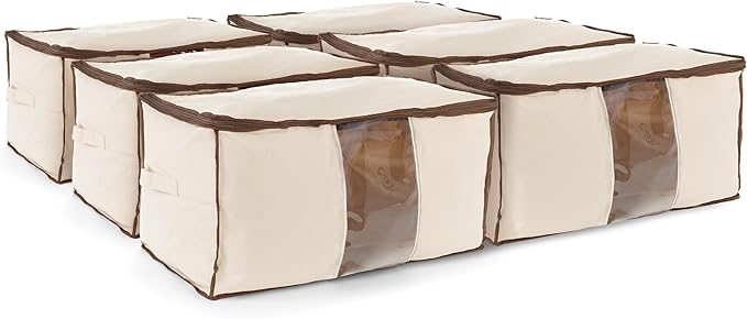 Covermates Canvas Storage Bag for Blankets, Clothes & Décor, 100% Cotton Breathable Fabric, Clear ID Window, Dual Zipper Closure, Carry Handles, Closet Organization, Natural