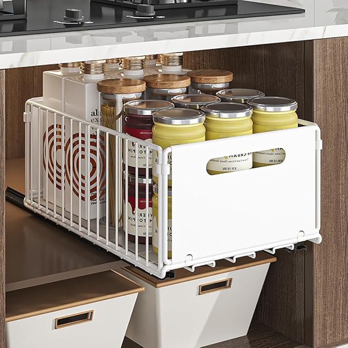 YunNasi Pull Out Cabinet Organizer Slide Out Drawer Storage Shelves Cupboard Organiser Sliding Cabinet Basket for Kitchen No Drilling and Nailing (White, 2Piece 9.8" W X15 D X 7.5" H)