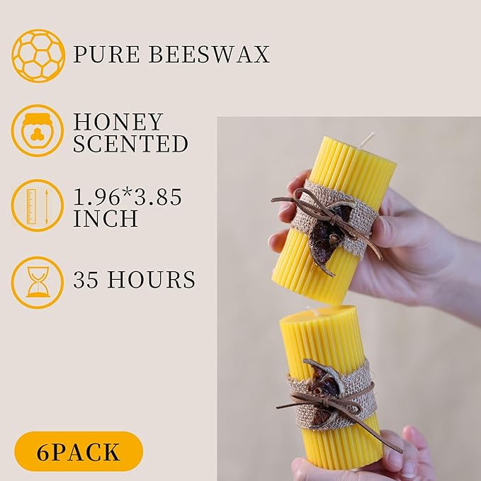 DEVI 6 Pack Pure Beeswax Pillar Candles Bulk-210 Hours, Organic Bees Wax Candles for Home Decor-1.96x3.85 Inch, Unscented Natural Bees Wax Pillar Bulk Candles for Thanksgiving Party