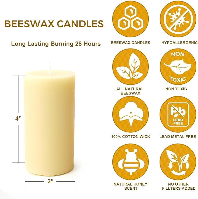 White Natural Beeswax Pillar Candles-28 Hours Burn Time 100% Pure Beeswax Candles | Organic Bees Wax for Home, Prayer, Christmas, Party | Unscented, Smokeless, Dripless 1 Pack (2×4 inch)