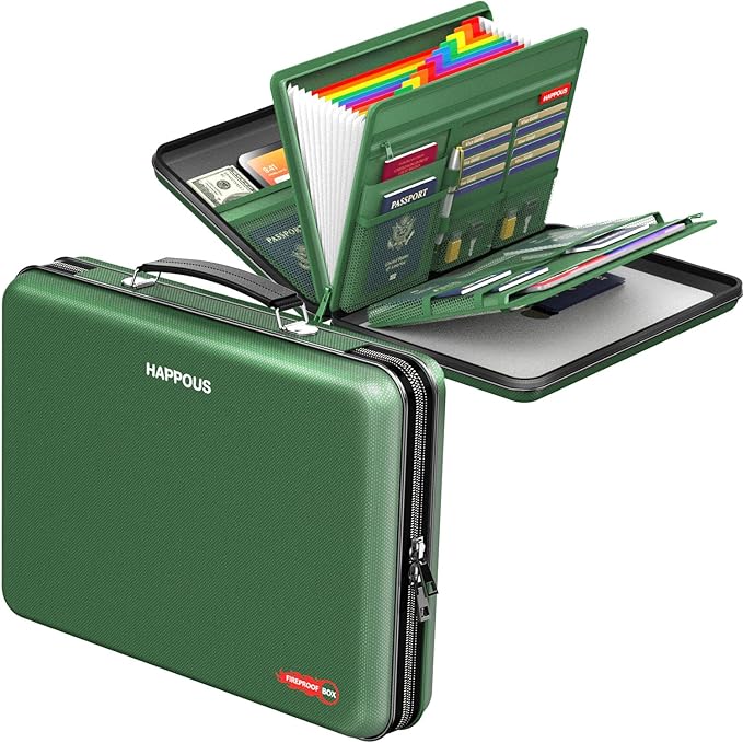 Fireproof Document Box, Expanding File Organizer with 13 Pockets, Portable Fireproof File Box Hard-Shell Document Organizer Storage for Documents Laptop Passports Cards Green
