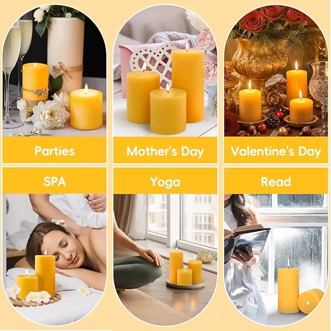 6 Pack Pure Nature Beeswax Pillar Candles, 2x4 Inches, 210 Hours Long Burn Time, Smokeless and Unscented Beeswax Candles for Home,Paryer,Parties