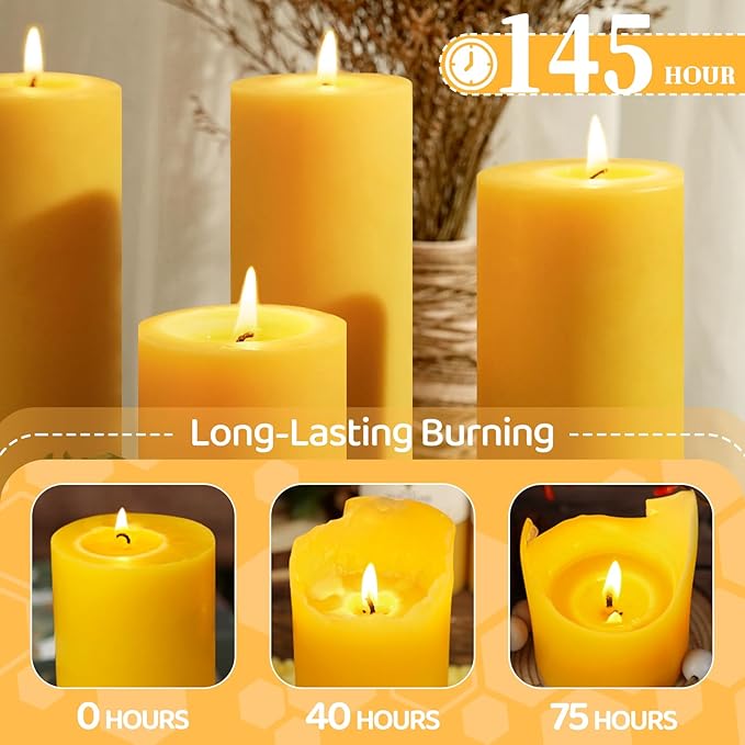 2.8x8in Beeswax Pillar Candles-1pcs,145H Long Burning,Emergency Beeswax Candles,Non Toxic Natural Bees Wax Candles for Home