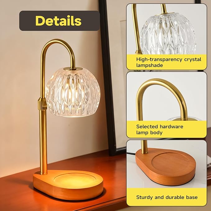 WEILASA Candle Warmer Lamp Crystal Glass Shade, Electric Candle Melter with Adjustable Wooden Bottom seat for Home Warm Home Decoration Gifts-Gold
