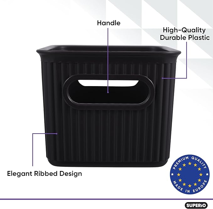 Superio Ribbed Collection - Decorative Plastic Basket Open Home Storage Bins Organizer, Small Brown (4 Pack) Container Boxes for Organizing Closet Storage Bins for Shelves Drawer Shelf 1.5 Liter