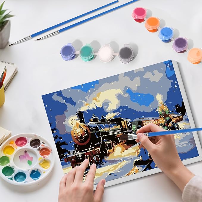 Skyboda Christmas Paint by Numbers Kit for Adults Beginners with Frame, Christmas Train Adult Paint by Number Kits on Canvas, Easy DIY Oil Painting Kits for Home Decor, 8x12in