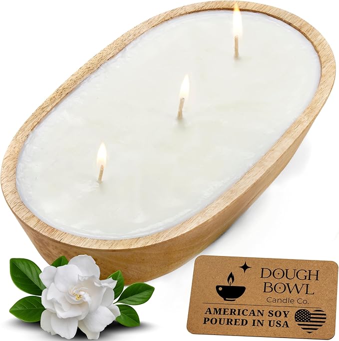 Dough Bowl Candle Co. Gardenia Tuberose Soy Candle - 3 Wick Rustic Farmhouse Coffee Table Decor, Odor Eliminator in Wooden Bowls, 20 Ounce Wooden Dough Bowl Candle, All-Natural Gifts for Women or Men