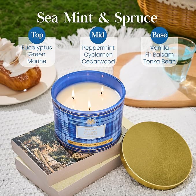 M&SENSE Plaid Pattern 3 Wick Soy Candles,11.64 oz Large Sea Mint & Spruce Scent Candle for Relaxation, Gifting, Home Décor | for Bedroom, Office, Party