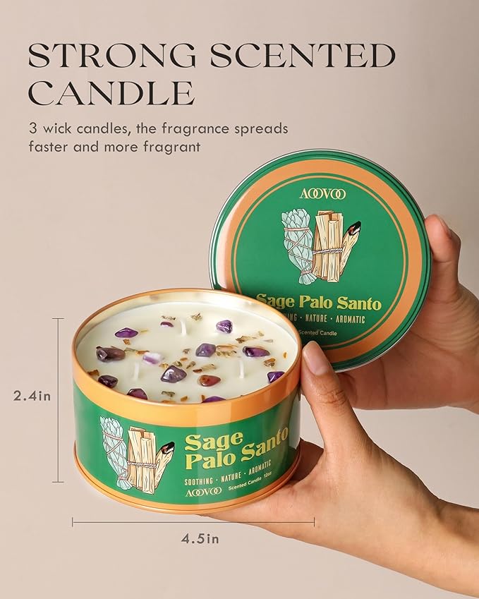 AOOVOO Sage & Palo Santo Candle for Cleansing - 3 Wick 12oz Large Scented Candle with Amethyst Crystals, Sage & Palo Santo Inside, Non-Toxic Soy Candle for Meditation Spiritual Healing Gift