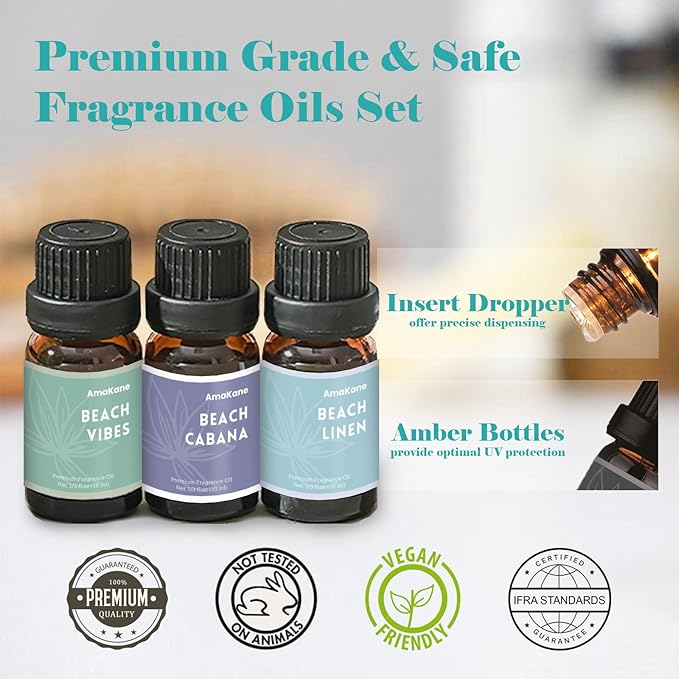 AmaKane Beach Fragrance Oil Set, Summer Essential Oils for Diffuser for Home, Candle Soap Making Scents, Beach Vibes, Sunset Glow, Linen, Salty Sea, Sandy Stroll, Beach Cabana, 6x10ml