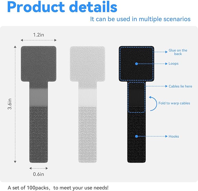 100Pcs per Pack，Hook and Loop Cable Ties, Self Adhesive Cable Straps, Reusable Adjustable Cord Organizer for Desk, Under Desk Cable Management, Home & Office Essentials, Grey