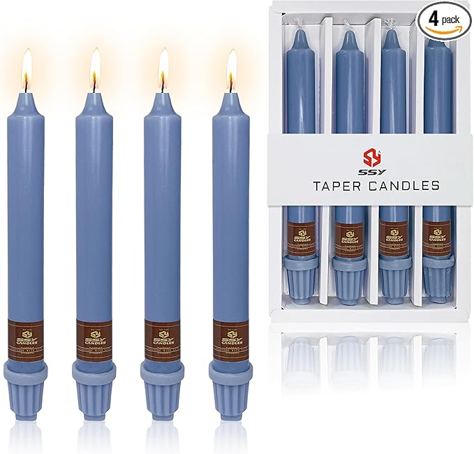 Haze Blue Candlesticks 8 inch Taper Candles- Dripless and Smokeless Candle Unscented - Slow Burning Candle Sticks - Pack of 4