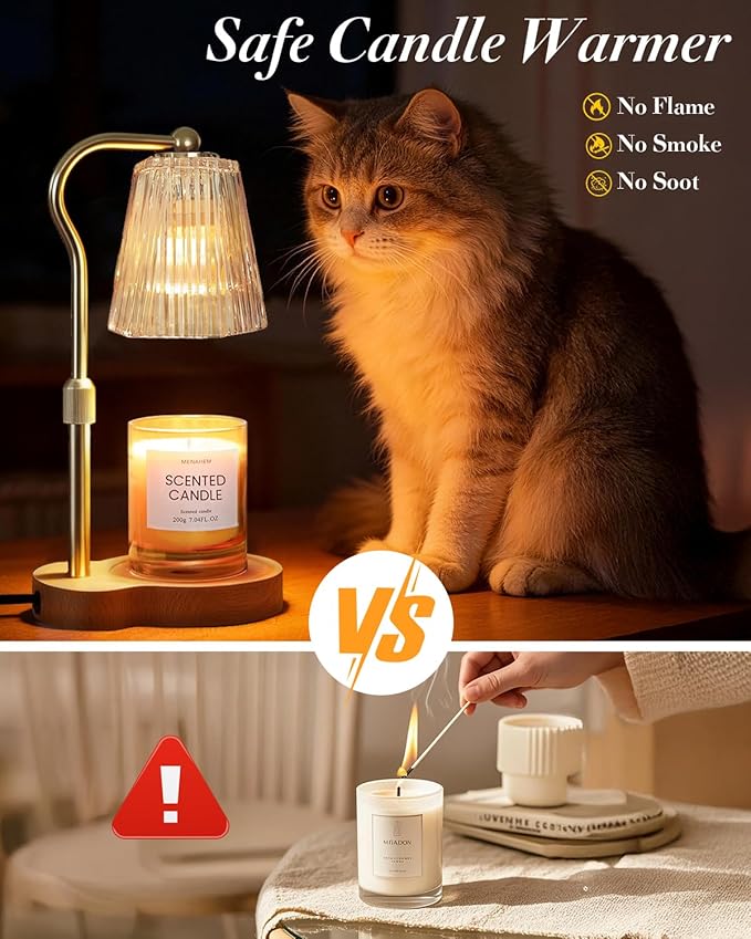 Candle Warmer Lamp, Wax Melt Warmer with 2 Bulbs for Scented Jar Candles, with Timer Dimmer Adjustable Height, Home Decor Gift for Girl Friend Mom Sister Women, No Flame No Smoke Warming Light, Amber