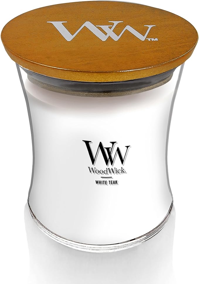 WoodWick Medium Hourglass Candle White Teak - Premium Soy Blend Wax Pluswick Innovation Wood Wick Made in USA