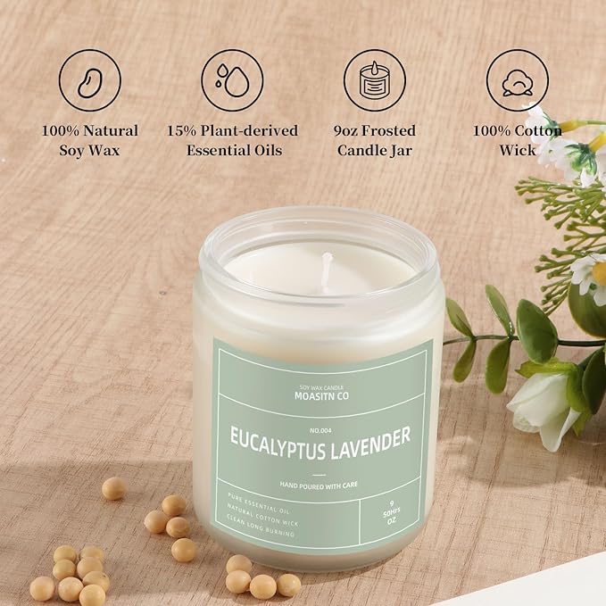 Eucalyptus Lavender Candle for Home Scented| Natural Soy Non Toxic Candles| Long Clean Burning Aromatheraphy Jar Candel| Women,Men Gift for Autumn,Winter, Halloween,Thanksgiving,Relaxing| 9oz