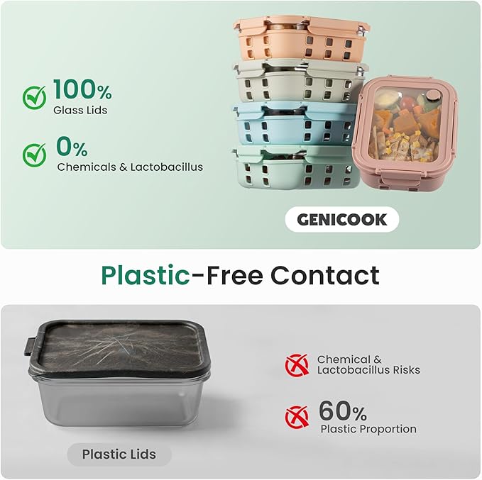 GENICOOK 4.4 Cup Glass Food Storage Containers, 5-Pack – Airtight Meal Prep Containers with Non-Slip Silicone Sleeve & Glass Lids, BPA-Free, Leakproof, Stackable