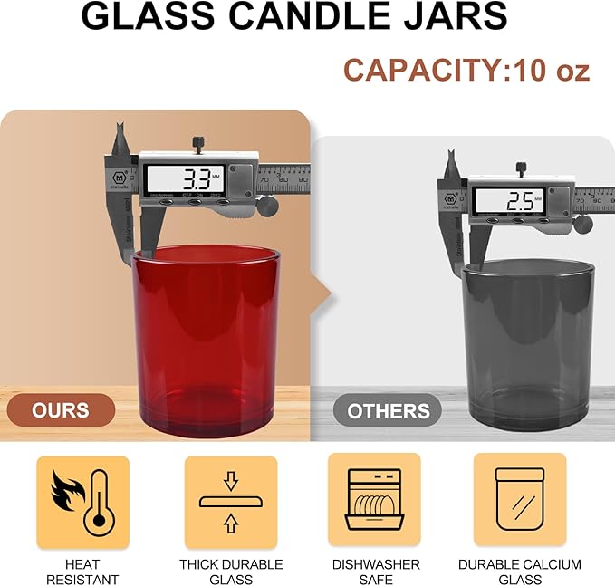 SHOWIN 10 OZ Thick Candle Jars for Making Candles 15 Pcs, Empty Jars with Wood Lids for Candle Making, Sample Container, Red