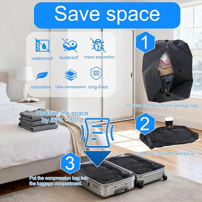 travel vacuum bag, equipped with a wireless vacuum pump, can save space in suitcases, backpacks and carry-on items. It is IP67 waterproof and reusable (1PC Black)