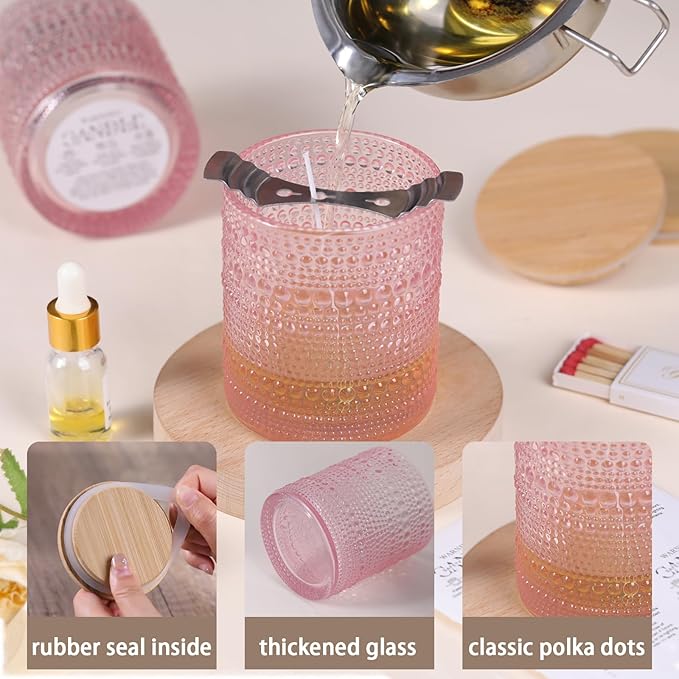 DARJEN 8 Pack Pink Candle Jars for Making Candles- 14 OZ Empty Glass Candle Making Jars with Bamboo Lids and Labels, Candle Containers Candle Making Supplies for DIY Gifts