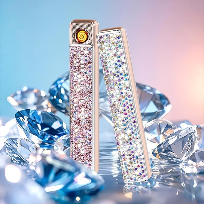 Electric Lighter, Windproof Flameless Bling Lighters - Type-C Rechargeable, Pull-Out Ignition with Thickened Tungsten, Rhinestone Decorative Design, Gift for Women & Girls (Pink)