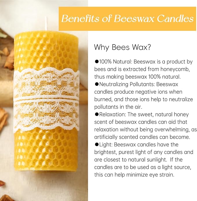 8 Packs Hand-Rolled Beeswax Candles, Handcrafted Honeycomb Beeswax Pillar Candles, Natural Bee Farm Gifts for Candle Lovers,Home Decor, Air Purify (2x4 in)