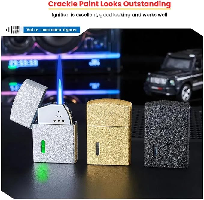 Smart Butane Torch Lighter with 4 Ignition Methods, Voice Activated Windproof Lighter, Straight Jet Blue Flame Refillable Lighters for Candles, Camping (Fuel Not Included) (Gold)