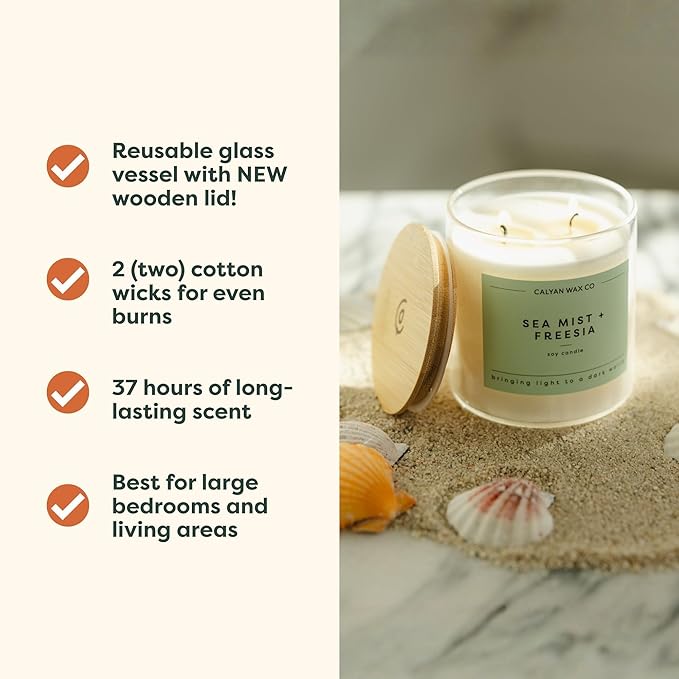 Calyan Wax Co. Sea Mist & Freesia 2 Wick Scented Candle - 37 Hour Burn - Luxury Non Toxic Soy Wax Candles - Long Lasting Large Glass Jar Candle for Home - 8.8oz