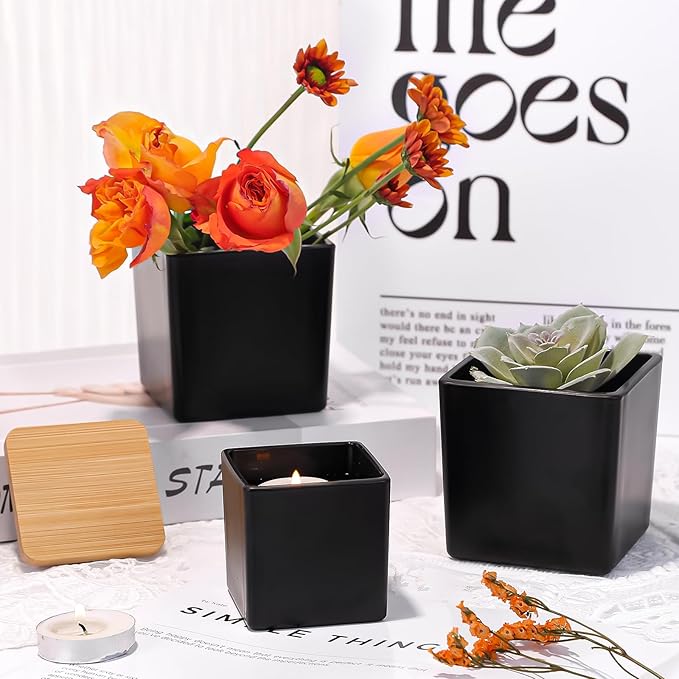 CONNOO 12 Pack 9oz, 3oz Matte Black Square Candle Jars for Making Candles, Thick Glass Bulk Empty Candle Containers with Airtight Bamboo Lids for Candle Making, Sticky Warning Labels - Dishwasher Safe