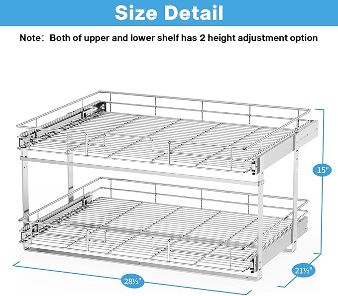LOVMOR Individual Pull Out Cabinet Organizer, 2 Tier Slide Out Cabinet Drawers, Pots and Pans Organizer and Storage Pantry Shelf for Kitchen (28½" W x 21½" D)