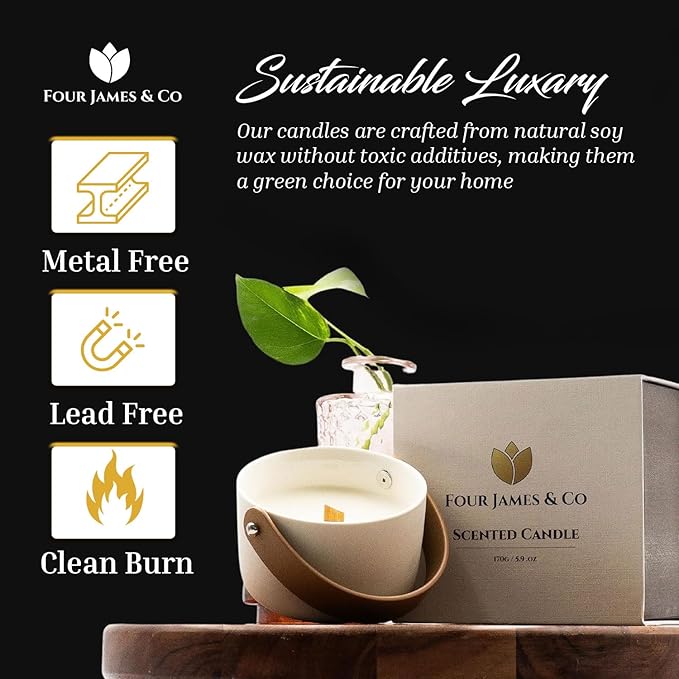 FOUR JAMES & CO Luxury Highly Scented Premium Eco-Friendly Soy Wax 6oz Candles in Modern Giftable Box, Scent:(LastChance)