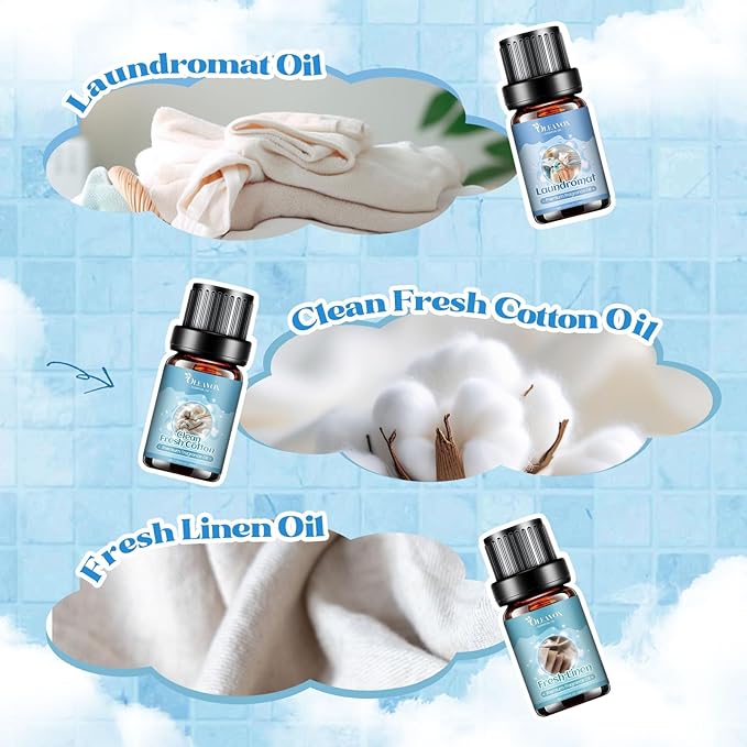 Clean Essential Ois for Laundry, Fragrance Oil for Diffuser for Home,Candle & Soap Making, Fresh Linen, Fresh Cotton, Laundromat, Blossom Soap,Pure White Comfort, Fluffy Towels, Strong Scented Oils