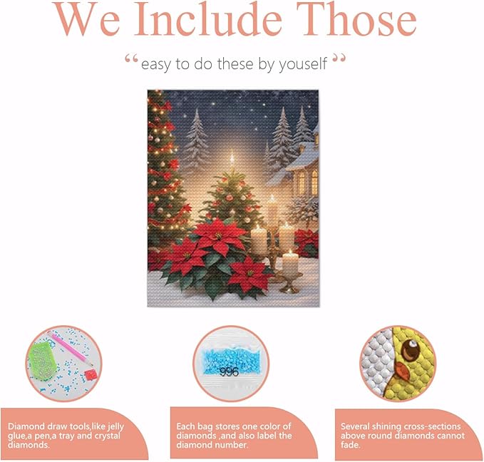 Christmas Diamond Art Painting Kits for Adults, Christmas Candles DIY Diamond Paintings Full Drill Paint,Winter Round Diamonds Crystal Gem Art for Home Wall Decor Gifts 8x10 Inch