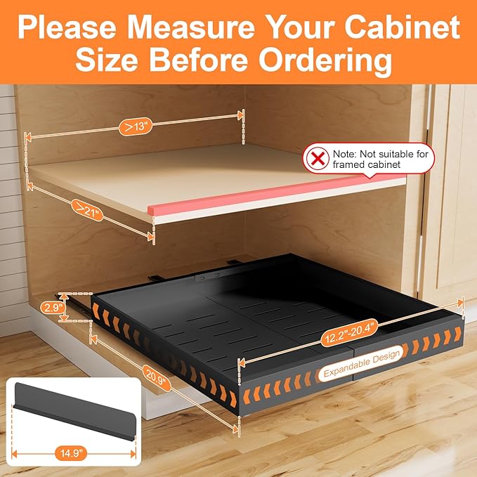 2 Pack Pull out Cabinet Organizer Expandable Width(12"-20") and 21"Depth, No Drill Adjustable Slide Out Drawers for Kitchen, Cabinets With 3 Slide Rails,Magnetic Panel, Adhesive Roll out Shelves