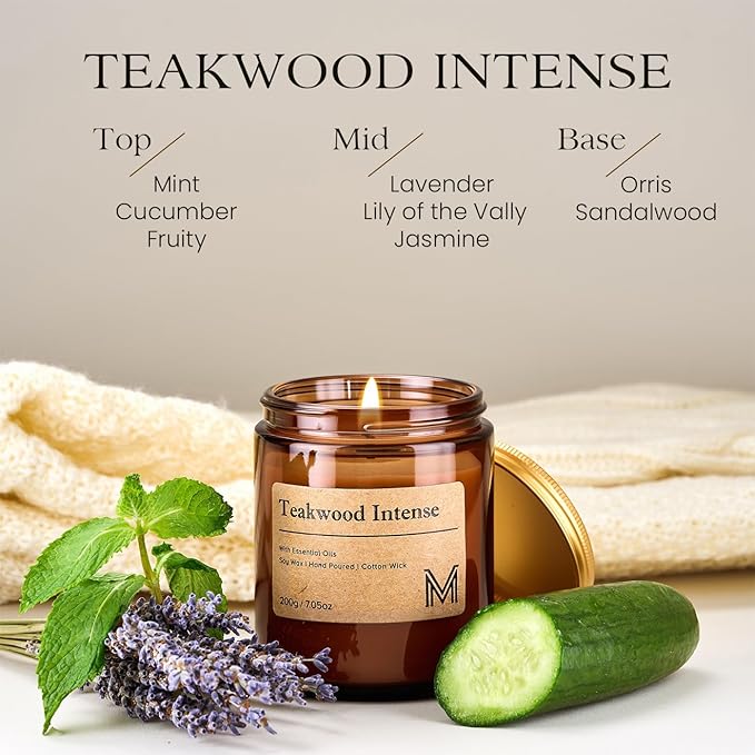 M&SENSE Teakwood Intense Scented Christmas Candle Gift, Aromatherapy Candle Set for Women, Soy Wax Candles Home Scented, Long Lasting Amber Jar Candles Gift for Christmas, Thanksgiving, Holiday