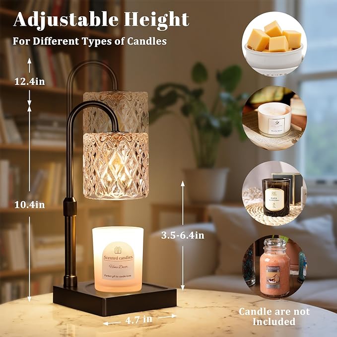 Hong-in Black Candle Warmer Lamp with Timer -Dimmable Adjustable Height Wax Melt Warmer for Jar Candles,Vintage Home Decor with Elegant Clear Glass,Birthday Gifts for Women, Mom, Friend, Sister