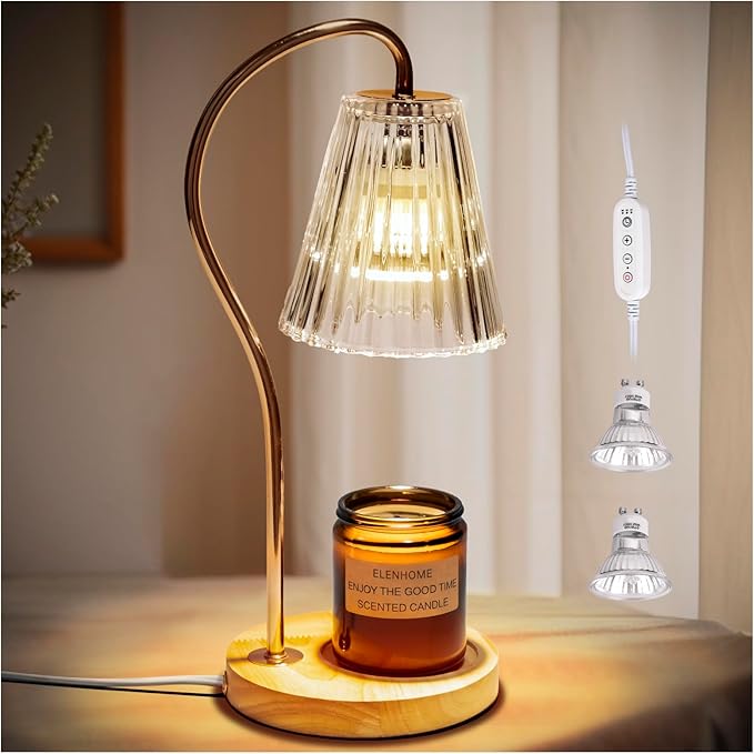 Elenhome Candle Warmer Lamp, Modern-Glass Candle Lamp Warmer with Timer & Dimmer, Electric Candle Warmer Lamp for Jar Candles, Wax Melter Warmer Lamps for Home Decor Gifts, with 2 Bulbs (Clear)