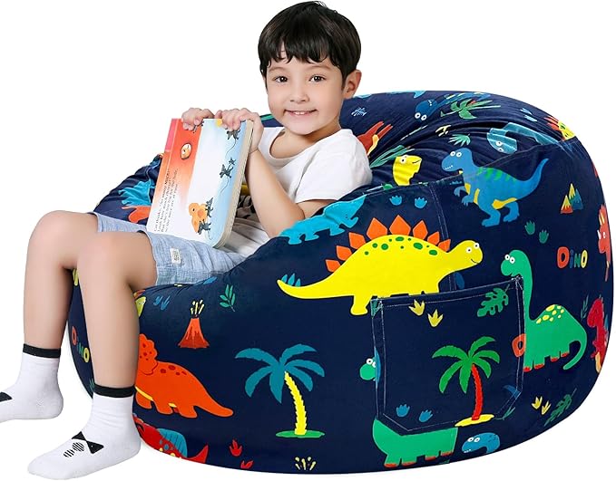 Lukeight Dinosaur Stuffed Animals Storage Bean Bag Chair Cover Only (Ships Empty, No Filling) - Velvet YKK Zipper Beanbag Cover for Kids Big kids, Washable Plush Toy Organizer, X-Large 30" D x 18" H